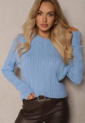 Niebieski Sweter z Wiskozą Ozdobiony Tłoczeniem Savra. Niebieskie swetry klasyczne damskie Renee, s, z jeansu, bez kołnierzyka. Za 99.99 zł.