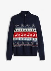 Sweter w norweski wzór, ze stójką. Niebieskie swetry męskie bonprix, m, bez wzorów, bez kołnierzyka. Za 129.99 zł.