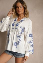 Biała Bluzka z Wiskozą i Haftowanym Wzorem Novalisse. Białe bluzki damskie Renee, l, bez wzorów, z jeansu, eleganckie, bez kołnierzyka, bez ramiączek. Za 84.99 zł.