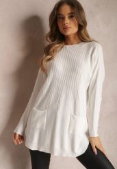 Biały Sweter z Naszytymi Kieszeniami Vezara. Białe swetry klasyczne damskie Renee, s, z dzianiny, bez kołnierzyka. Za 34.99 zł.