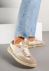 Ciemnobeżowe Sneakersy Typu Kultowe Tenisówki Zdobione Przeszyciami Grelloti. Brązowe trampki i tenisówki damskie Renee, z aplikacjami, z jeansu. Za 79.99 zł.