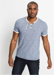 T-shirt z ozdobnym sznurowaniem, z bawełny organicznej. Niebieskie t-shirty męskie bonprix, l, bez wzorów, z bawełny, bez kołnierzyka. Za 82.99 zł.