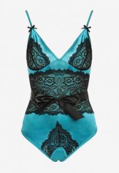 Niebiesko-Czarne Body Zdobione Koronką ze Stringami i Satynową Wstążką Luneie. Niebieskie body damskie Born2be, z aplikacjami, z koronki. Za 39.99 zł.