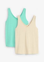 Tank top z czystej bawełny organicznej (2 szt.). Zielone topy damskie bonprix, bez wzorów, z bawełny, bez kołnierzyka. Za 37.98 zł.