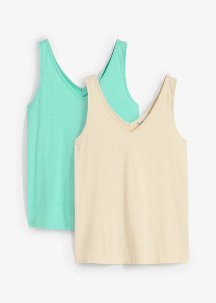 Tank top z czystej bawełny organicznej (2 szt.). Zielone topy damskie bonprix, bez wzorów, z bawełny, bez kołnierzyka. Za 37.98 zł.
