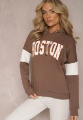Brązowa Bawełniana Bluza z Kapturem w Amerykańskim Stylu z Napisem i Polarem Iocaste. Brązowe bluzy z kapturem damskie Renee, z bawełny. Za 79.99 zł.