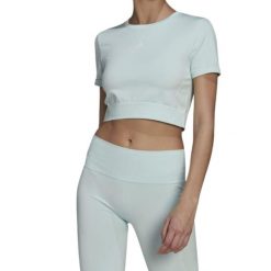 Koszulka sportowa damska Adidas Aeroknit Seamless. Niebieskie bluzki sportowe damskie Adidas, xs, bez wzorów, z elastanu, bez ramiączek. Za 81.00 zł.