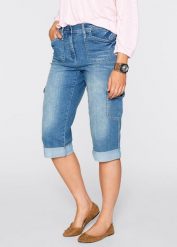 Dżinsy bojówki mid waist, ze stretchem. Niebieskie jeansy damskie bonprix. Za 137.99 zł.