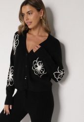 Czarny Kardigan na Guziki w Haftowane Kwiaty Tustara. Czarne kardigany damskie Born2be, l, bez wzorów, z jeansu. Za 79.99 zł.