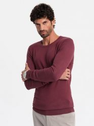 Sweter klasyczny męski z wiskozą BASIC z okrągłym dekoltem – bordowy V11 OM-SWBS-0106 - XXL. Czerwone swetry męskie Ombre Clothing, l, bez wzorów, z dzianiny, bez kołnierzyka. W wyprzedaży za 89.99 zł.