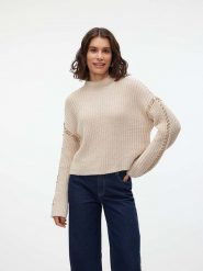 Vero Moda Sweter "New Cream" w kolorze beżowym rozmiar: M. Brązowe golfy damskie Vero Moda, m, bez wzorów, ze splotem, bez ramiączek. Za 151.95 zł.