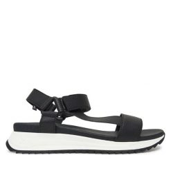 Sandały Rieker. Czarne sandały damskie Rieker, bez wzorów, bez obcasa, na koturnie. Za 279.99 zł.