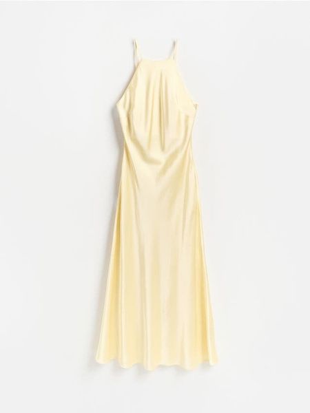 Sukienka maxi - jasnożółty. Żółte sukienki damskie Reserved, na co dzień, l, bez wzorów, z tkaniny, bez kołnierzyka, bez ramiączek, maxi, proste. Za 179.99 zł.