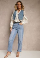 Niebieskie Jeansy Balloon High Waist z Przeszyciami na Wysokości Kolan Nollimi. Niebieskie jeansy damskie Renee, z podwyższonym stanem. Za 119.99 zł.