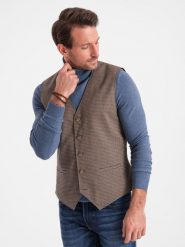 Żakardowa kamizelka męska casual bez klap - brązowa V1 OM-BLZV-0111 - XXL. Brązowe kamizelki męskie Ombre Clothing, l, z poliesteru. W wyprzedaży za 139.99 zł.