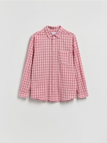 Koszula comfort fit w kratę - brudny róż. Czerwone koszule męskie Reserved, l, bez wzorów, z bawełny, bez kołnierzyka, bez ramiączek. Za 119.99 zł.