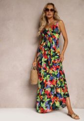 Czarno-ZIelona Kopertowa Sukienka z Wiskozy na Ramiączkach i Gumką w Talii Tiamali. Czarne sukienki damskie Renee, na co dzień, s, bez wzorów, z wiskozy, eleganckie, bez kołnierzyka, bez ramiączek, maxi, kopertowe. W wyprzedaży za 52.49 zł.