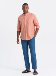 Męskie spodnie podwijane chino z dodatkiem lnu – niebieski denim V5 OM-PACP-0198 - XXL. Niebieskie spodnie materiałowe męskie Ombre Clothing, bez wzorów, z bawełny, casualowe. Za 209.99 zł.