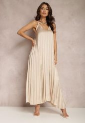 Beżowa Sukienka Ianima. Brązowe sukienki damskie Renee, na imprezę, na lato, m, bez wzorów, z satyny, eleganckie, bez kołnierzyka, bez ramiączek, maxi, rozkloszowane. W wyprzedaży za 76.99 zł.