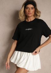 Czarna Bawełniana Koszulka T-shirt z Małym Napisem Lanivelle. Czarne bluzki damskie Renee, m, bez wzorów, z bawełny, eleganckie, bez kołnierzyka, bez ramiączek. Za 34.99 zł.