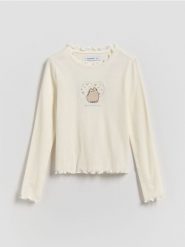 Bawełniana koszulka Pusheen - złamana biel. Koszulki dziewczęce Reserved, bez wzorów, z bawełny, bez ramiączek. Za 49.99 zł.