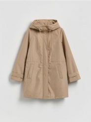 Kurtka z kapturem - beżowy. Brązowe kurtki damskie Reserved, l, bez wzorów, z tkaniny, z kapturem. Za 199.99 zł.