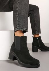 Czarne Botki na Obcasie Ozdobione Elastyczną Wstawką Resilina. Czarne botki damskie Renee, z dzianiny, eleganckie, bez obcasa, na obcasie, bez zapięcia. Za 139.99 zł.