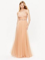 Elisabetta Franchi Sukienka wieczorowa AB-464-32E2-V750 Beżowy Regular Fit. Brązowe sukienki damskie Elisabetta Franchi, bez wzorów, z syntetyku, wizytowe, bez kołnierzyka, bez ramiączek. Za 2,569.00 zł.