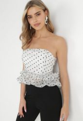 Biały Top z Falbanką Stay Here. Białe topy damskie Born2be, m, bez wzorów, z jeansu, bez kołnierzyka. Za 34.99 zł.