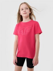 4F T-shirt regular z nadrukiem dziewczęcy - różowy 122 (6-7 lat). Czerwone koszulki dziewczęce 4f, bez wzorów, z bawełny, bez ramiączek. Za 39.99 zł.