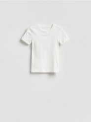 T-shirt w prążek - złamana biel. T-shirty damskie Reserved, l, bez wzorów, z bawełny, bez kołnierzyka. Za 59.99 zł.