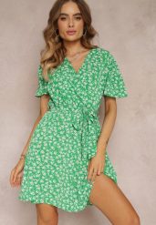 Zielona Sukienka Mini w Kwiatki z Gumką w Pasie Irarria. Zielone sukienki damskie Renee, l, bez wzorów, bez kołnierzyka, bez ramiączek, mini. W wyprzedaży za 59.49 zł.