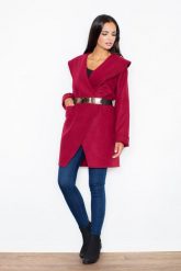 Bordowy Krótki Stylowy Płaszcz z Dużym Kołnierzem bez Zapięcia. Czerwone płaszcze damskie Figl, l, bez wzorów, z materiału, eleganckie. Za 369.00 zł.