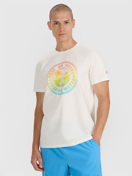 4F T-shirt regular z nadrukiem męski - beżowy S. Brązowe t-shirty męskie 4f, m, bez wzorów, z bawełny, bez kołnierzyka. Za 69.99 zł.