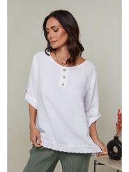 Le Monde du Lin Lniana koszulka w kolorze białym rozmiar: 34/36. Białe bluzki damskie Le Monde du Lin, bez wzorów, z koronki, bez kołnierzyka. Za 143.99 zł.