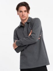 Bluza męska z kołnierzykiem polo ze strukturalnej dzianiny - grafitowy melanż V1 OM-SSNZ-0149 - XXL. Szare bluzy bez kaptura męskie Ombre Clothing, l, z bawełny. W wyprzedaży za 59.99 zł.