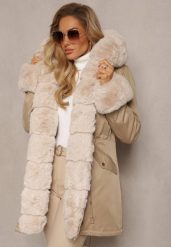 Beżowa Kurtka Parka z Paskiem w Talii i Kapturem z Futerkiem Hizontia. Brązowe kurtki damskie Renee, l, bez wzorów, z futra. Za 289.99 zł.