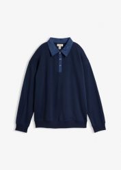 Bluza dresowa oversize z jeansowym kołnierzykiem z mieszanki bawełny. Niebieskie bluzy bez kaptura damskie bonprix, z bawełny. Za 129.99 zł.