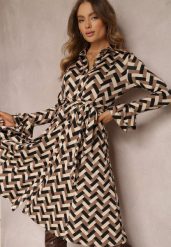 Beżowa Sukienka Koszulowa w Geometryczny Wzór Reimeza. Brązowe sukienki damskie Renee, na co dzień, l, bez wzorów, eleganckie, bez kołnierzyka, bez ramiączek, midi, koszulowe. W wyprzedaży za 153.99 zł.