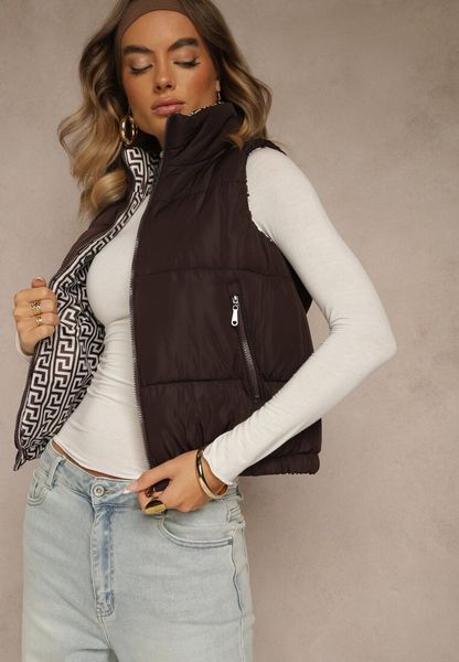 Brązowa Kamizelka Ozdobiona Pikowaniem i Wzorzystą Podszewką w Meander Olerea. Brązowe kamizelki damskie Renee, l. Za 89.99 zł.