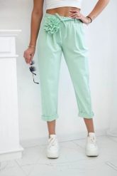 Spodnie Punto z ozdobnym kwiatem miętowe. Zielone spodnie materiałowe damskie KESI, z aplikacjami, z bawełny, eleganckie, plus size. Za 184.01 zł.