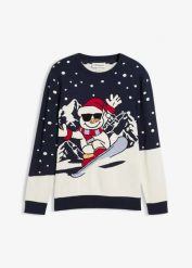 Sweter z bożonarodzeniowym motywem, z bawełną. Czarne swetry męskie bonprix, m, bez wzorów, z bawełny, bez kołnierzyka. Za 129.99 zł.