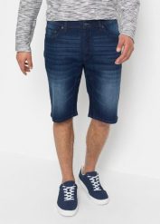Bermudy jeansowe ze stretchem i wzmocnionym krokiem, regular fit. Niebieskie szorty męskie bonprix, bez wzorów, z jeansu, eleganckie. Za 109.99 zł.