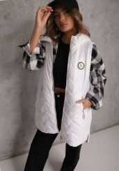 Biała Długa Pikowana Kamizelka z Kapturem i Ozdobną Naszywką Mentape. Białe kamizelki damskie Renee, l, długie. Za 139.99 zł.