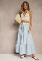 Jasnoniebieska Jeansowa Spódnica z Bawełny o Rozkloszowanym Kroju z Paskiem i Guziczkami Nattenira. Niebieskie spódniczki damskie Renee, m, bez wzorów, z bawełny, eleganckie, maxi, koszulowe. Za 119.99 zł.