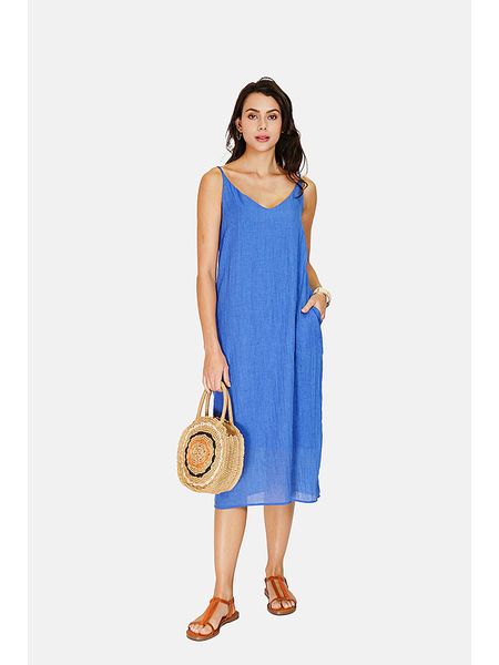 Le Jardin du Lin Lniana sukienka w kolorze niebieskim rozmiar: 42. Niebieskie sukienki damskie Le jardin du lin, bez wzorów, ze lnu, klasyczne, bez kołnierzyka, bez ramiączek, maxi. Za 127.35 zł.