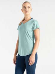 Dare 2b Koszulka sportowa "Vigilant" w kolorze turkusowym rozmiar: 36. Niebieskie bluzki sportowe damskie Dare 2b, z materiału, bez kołnierzyka, bez ramiączek. Za 54.95 zł.