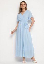 Niebieska Brokatowa Sukienka Koktajlowa Ozdobiona Paskiem Ziliane. Niebieskie sukienki damskie Born2be, na imprezę, s, z aplikacjami, eleganckie, bez kołnierzyka, bez ramiączek, maxi. W wyprzedaży za 119.99 zł.