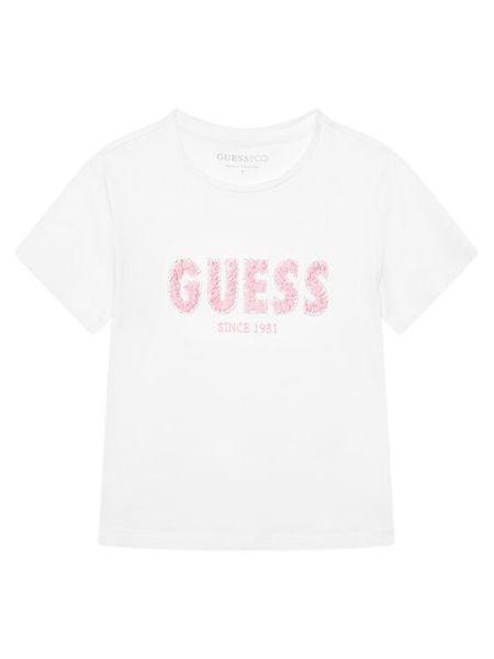 Guess T-Shirt J6RI24 K6YW4 Biały Regular Fit. Białe koszulki dziewczęce Guess, z aplikacjami, z bawełny, bez ramiączek. Za 119.99 zł.
