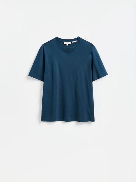 T-shirt regular z bawełny merceryzowanej - morski. Zielone t-shirty męskie Reserved, l, bez wzorów, z bawełny, bez kołnierzyka. Za 99.99 zł.